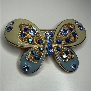 Beautiful Butterfly Brooch pin barrette Blue and cream filigree & rhinestones